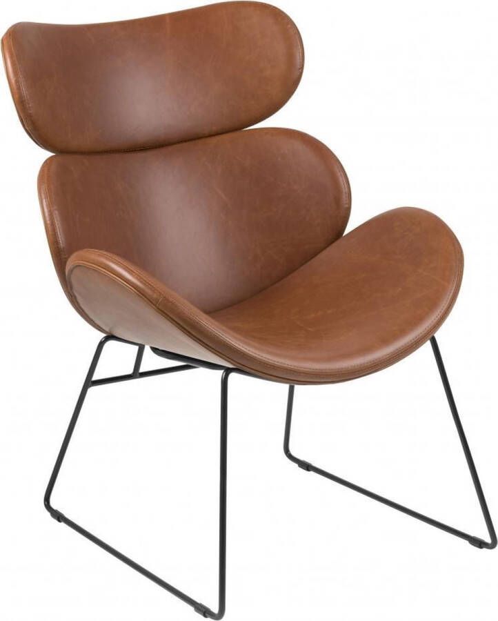 Hioshop Cazy fauteuil in cognac kunstleder en zwart metalen onderstel.