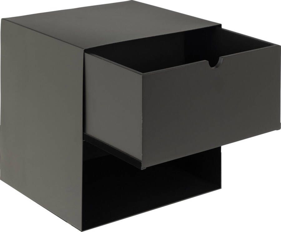 Hioshop Joliet nachtkastje wandbevestiging met 1 plank en 1 lade zwart.