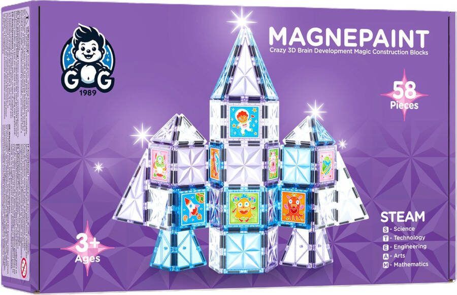 G 1989 Magnetisch speelgoed bouwblokken Magna Paint 58 delen Magnetic tiles Constructie speelgoed Montessori speelgoed STEM speelgoed Magnetische bouwstenen Magnetische bouwblokken Magnetische tegels 3 tot 12 jaar