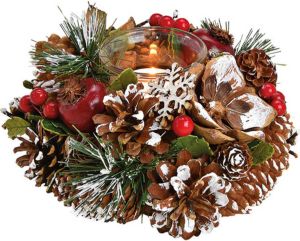 G. Wurm Kerst thema kaarsenhouder ornament bruin rood van hout 18 cm kaarsjes branden tafel decoratie