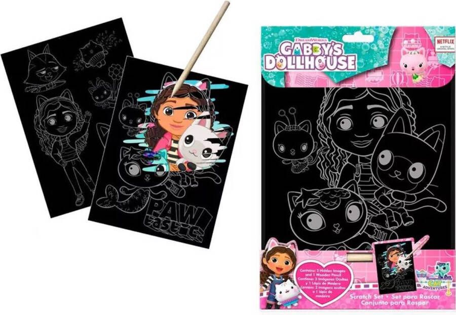 Gabby `s Dollhouse Krasposter Scratch Art Hobby Kras Tekening 28 x 20 CM Set van 2 stuks met Kras potlood `s Poppenhuis