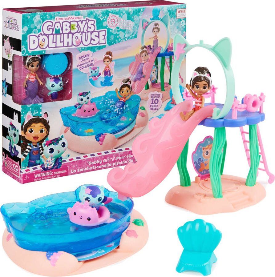 Gabby's Poppenhuis Gabby s Poppenhuis Kattastisch zwembad-speelset met figuren van Gabby en Meerminkat met zeemeerminstaarten die van kleur veranderen en zwembadaccessoires
