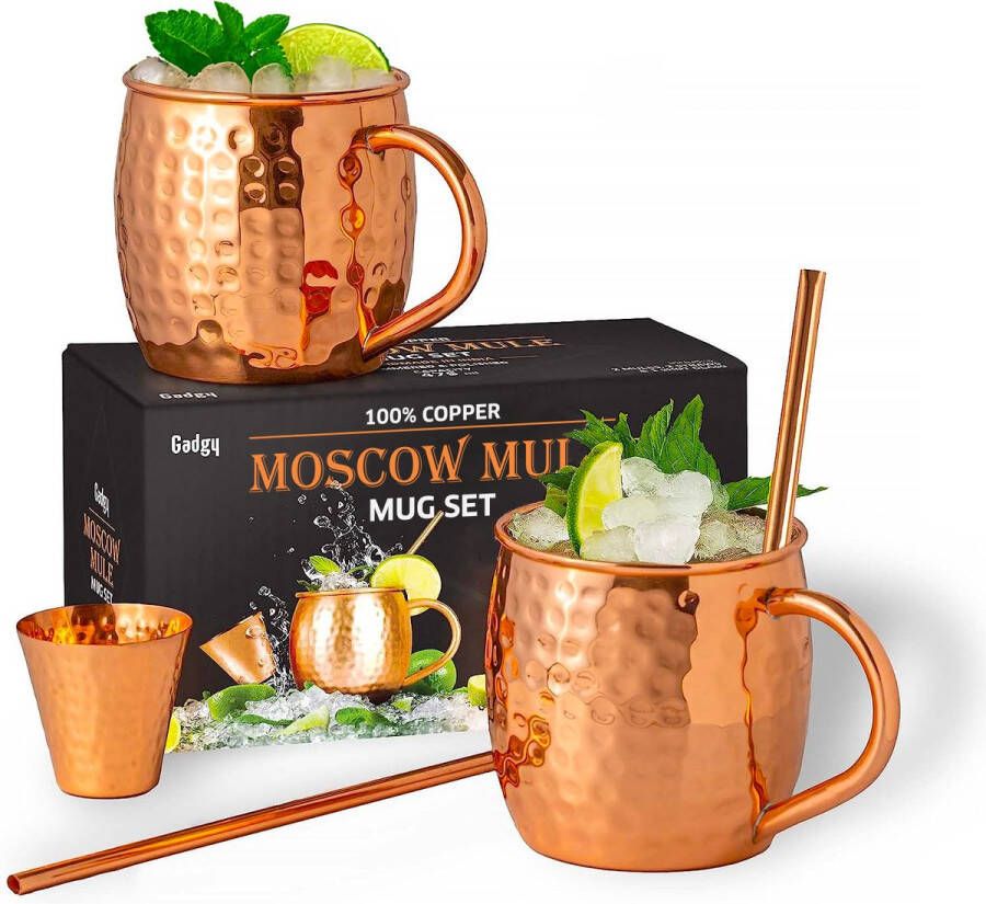 Gadgy Moscow Mule Bekers Set 100% Koper Cocktailset : 2 Cocktailglazen 2 Rietjes & 1 Barmaatje
