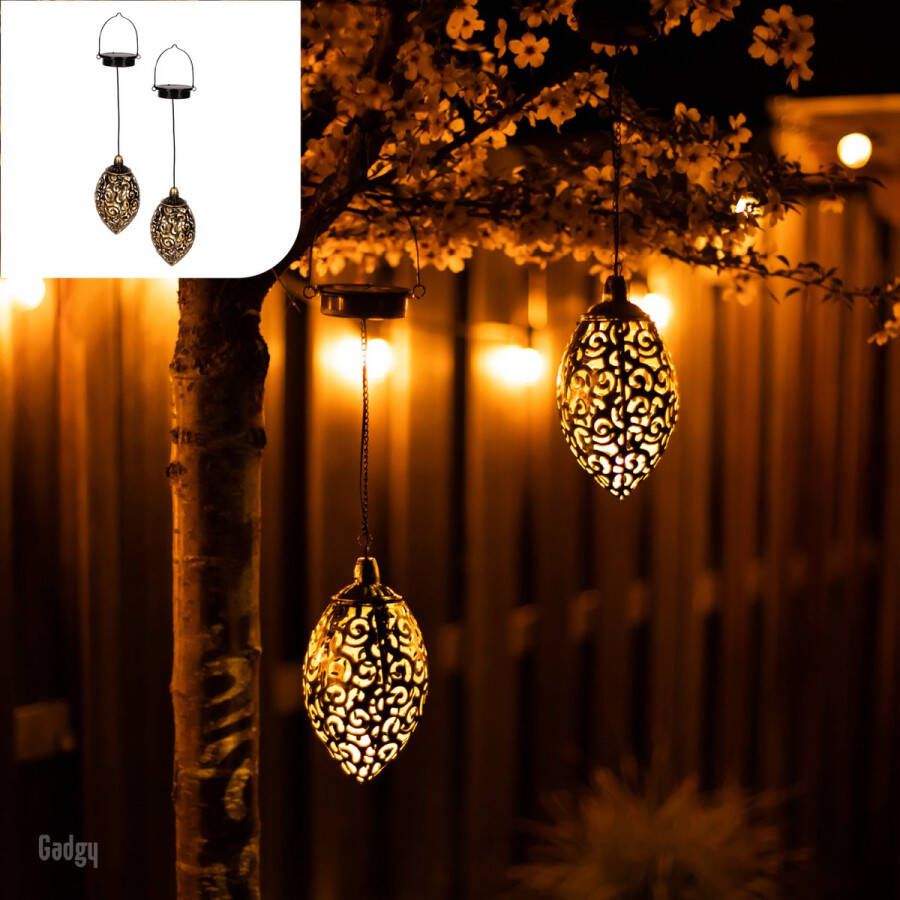 Gadgy Solar Hangende Oosterse Lantaarn set 2st. – Donker Brons Goud – Metaal Solar tuinverlichting op zonneenergie – Led buitenverlichting met dag nacht sensor Tuinlantaarn