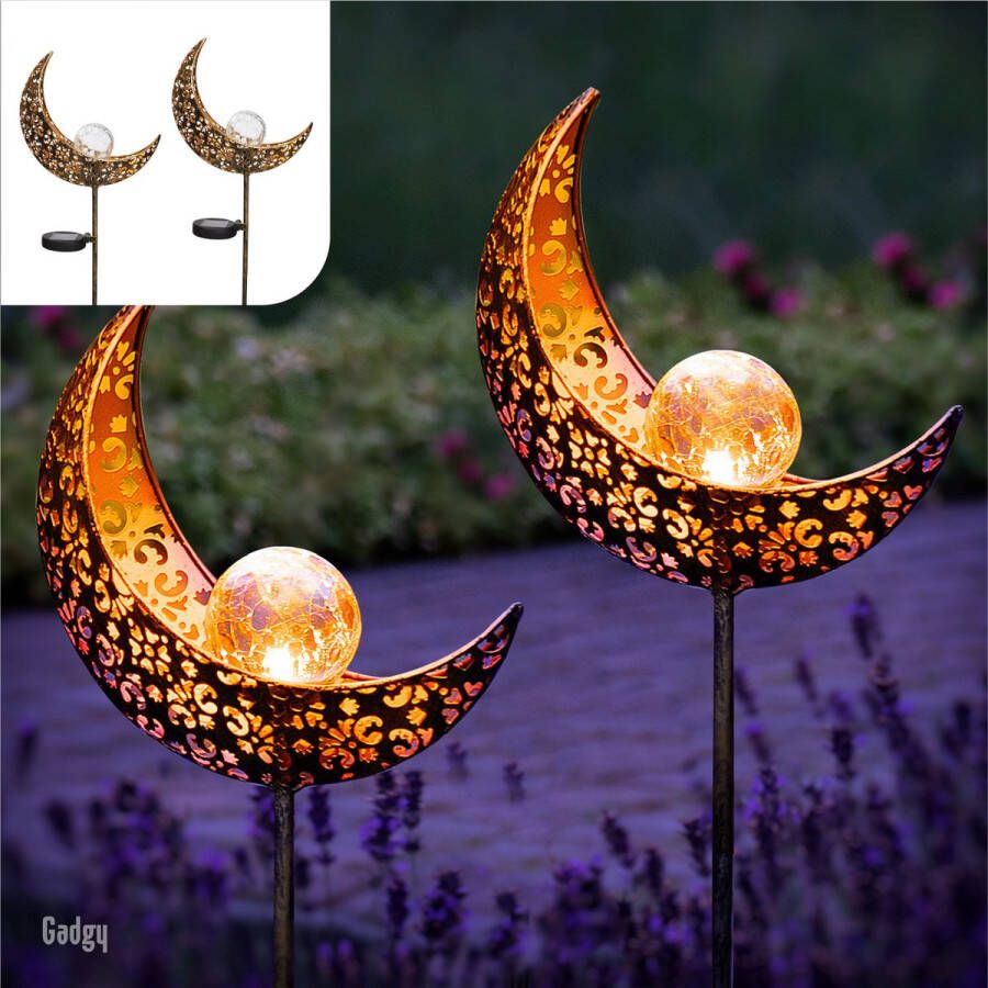 Gadgy Solar Maan Lamp met grondspies – Solar Tuinverlichting set van 2 st.– 88 cm hoog – Brons kleurig metaal – Tuinverlichting op zonneenergie buiten – Led buitenverlichting met sensor Tuinfakkel Tuinsteker