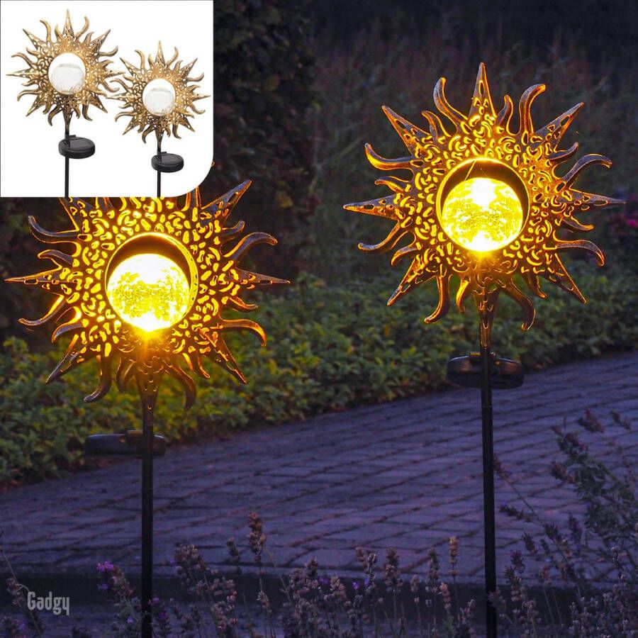Gadgy Solar Zon met grondspies – Set van 2 st.– 103 cm hoog – brons kleurig metaal – Tuinverlichting op zonneenergie buiten – Led buitenverlichting met sensor Tuinfakkel Tuinsteker