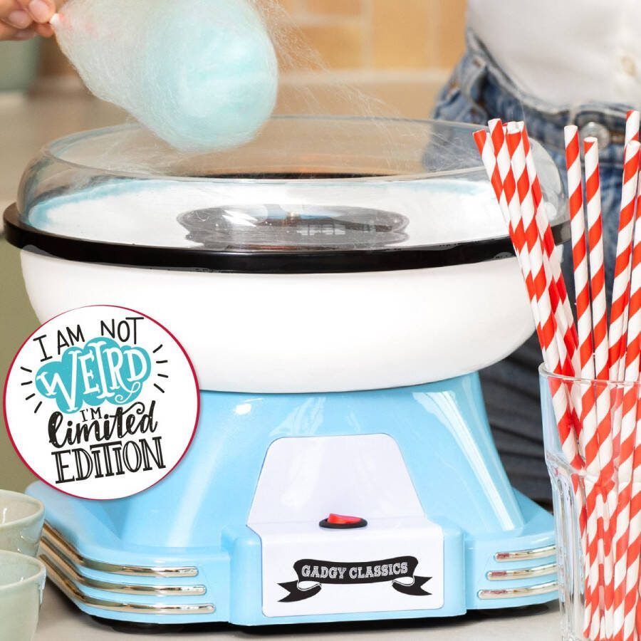 Gadgy Suikerspinmachine Retro Blauw Met 10 Stokjes en Maatlepel Suikerspinmakers Snoep Kinderfeestje