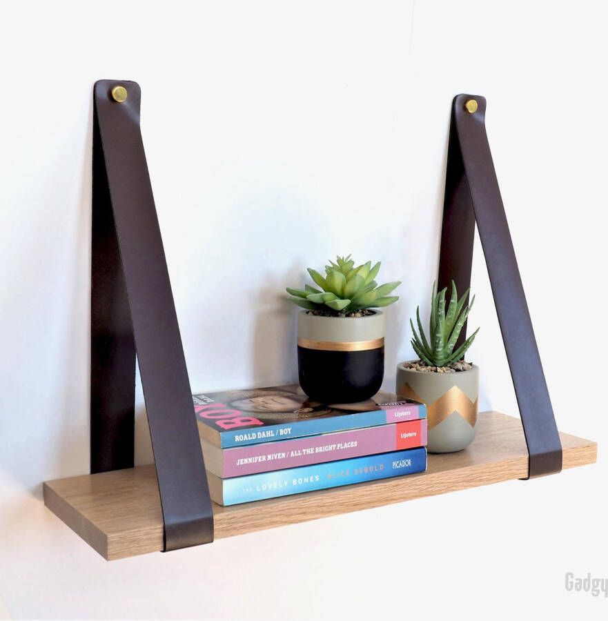 Gadgy Wandplank Zwevend Wandplank Hout Wandrekken Wandplank met Leren Riemen Boekenplank Wanddecoratie Book Shelf 50x15CM