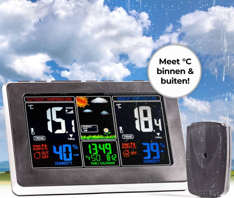 Gadgy Weerstation binnen en buiten – Draadloos Digitale binnen- en buitenthermometer Met weerbericht en hygrometer – Inclusief draadloze buitensensor en adapter