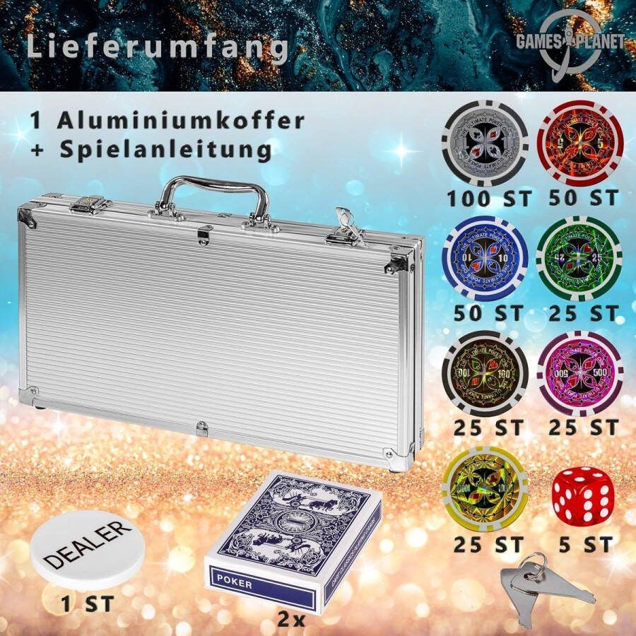 GAMES PLANET Pokerset Koffer 300 Chips Speelkaarten Aluminium Zilver