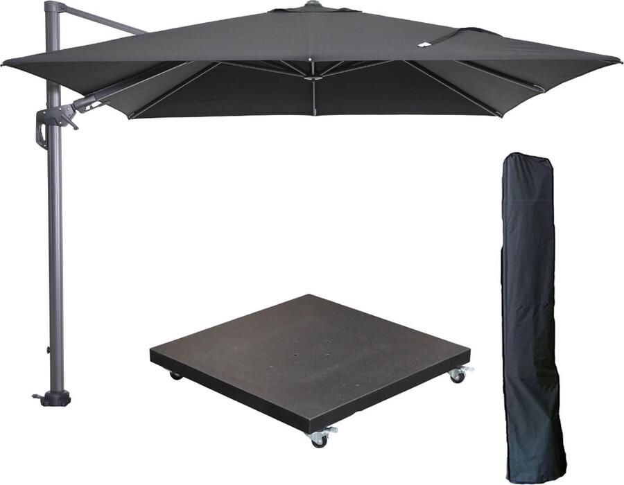 Garden Impressions Hawaii zweefparasol 300x300 cm carbon black zwart met 90kg verrijdbare parasolvoet en parasolhoes