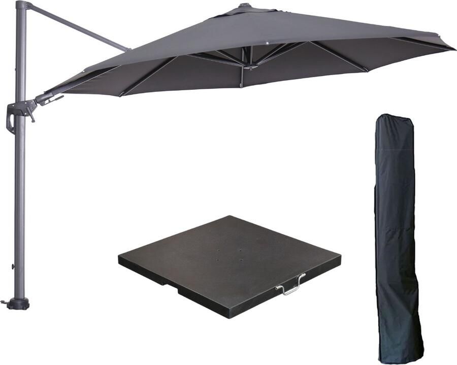 Garden Impressions Hawaii zweefparasol Ø350 cm carbon black donker grijs met 90kg black polished parasolvoet en parasolhoes