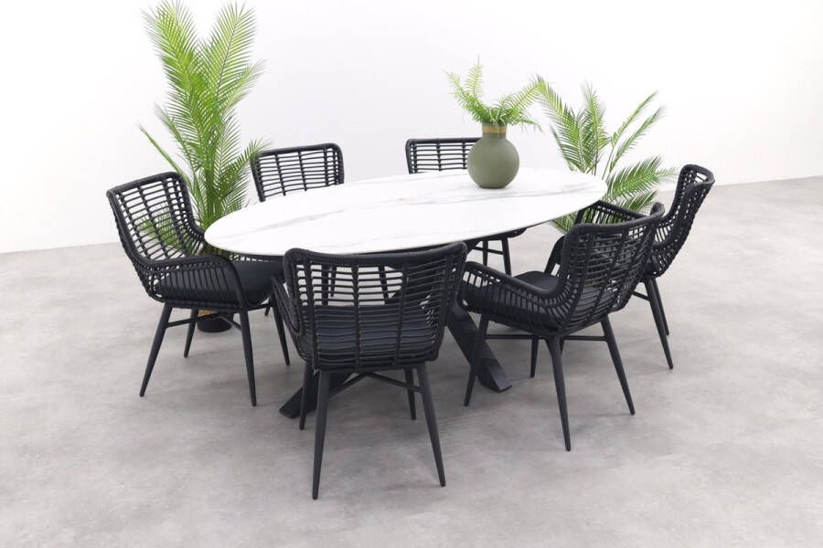 Garden Impressions GI Ovale tuinset Scotland marmerlook wit Jasmine tuinstoel black–7 delig