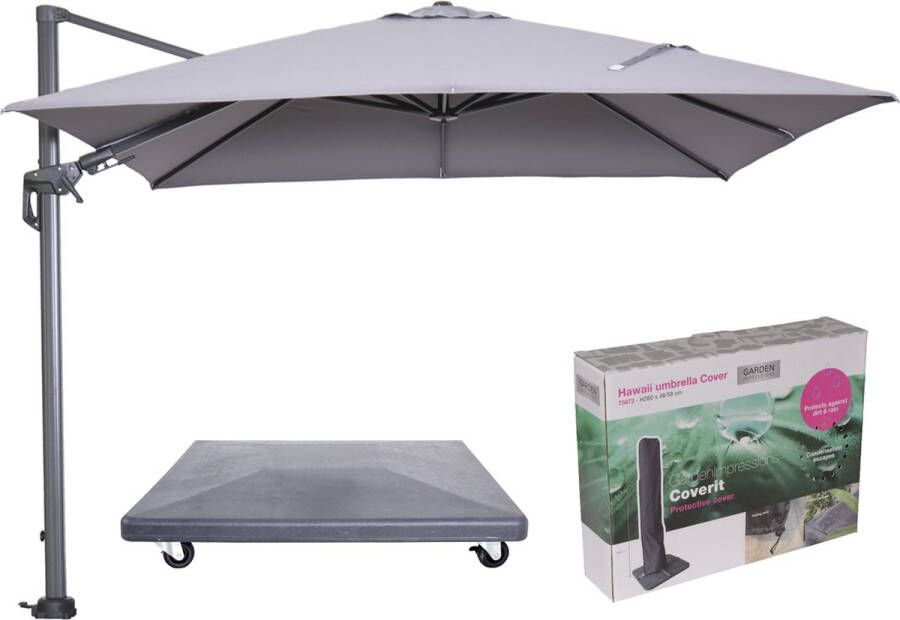 Garden Impressions Hawaii parasol 3x3 m lichtgrijs doek inclusief 90 kg parasolvoet en bijpassende parasolhoes