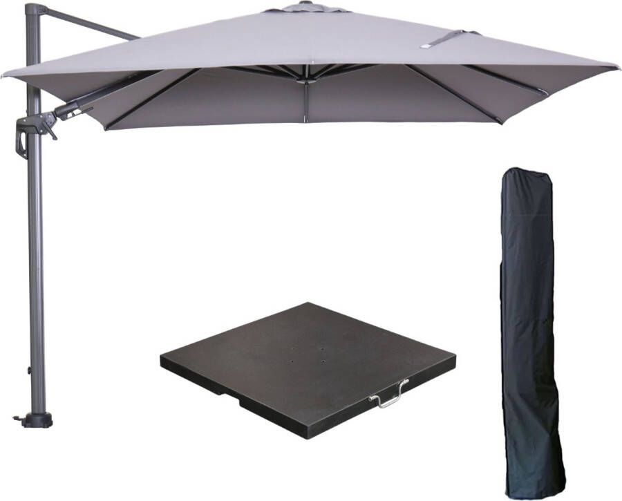 Garden Impressions Hawaii zweefparasol 300x300 cm carbon black licht grijs met 90kg black polished parasolvoet en parasolhoes