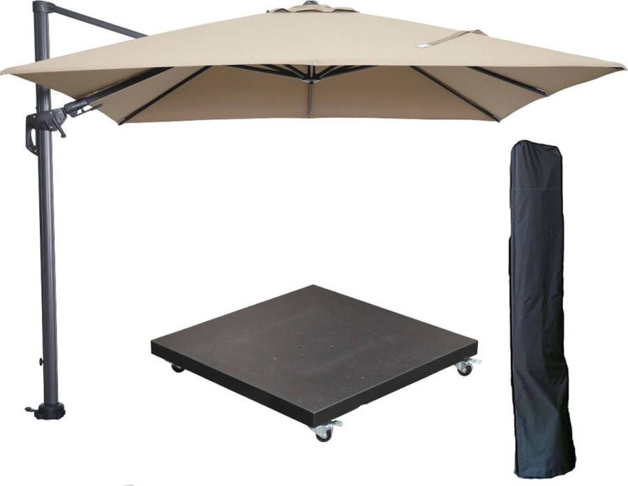 Garden Impressions Hawaii zweefparasol 300x300 cm carbon black taupe met 90kg verrijdbare parasolvoet en parasolhoes