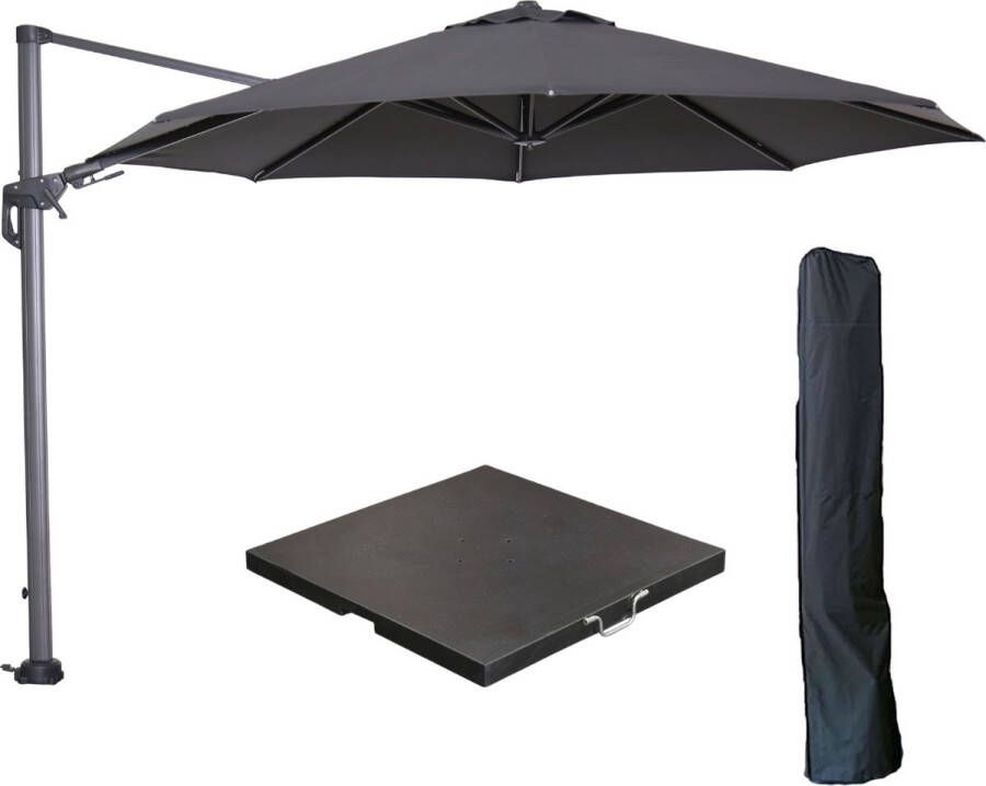 Garden Impressions Hawaii zweefparasol Ø350 cm carbon black licht grijs met 90kg black polished parasolvoet en parasolhoes