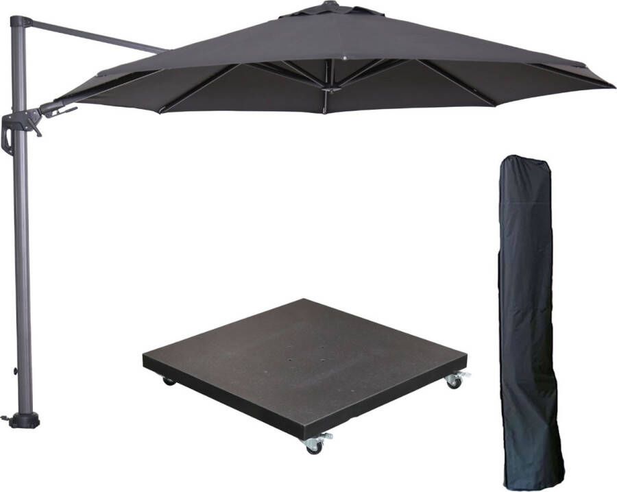 Garden Impressions Hawaii zweefparasol Ø350 cm carbon black licht grijs met 90kg verrijdbare parasolvoet en parasolhoes