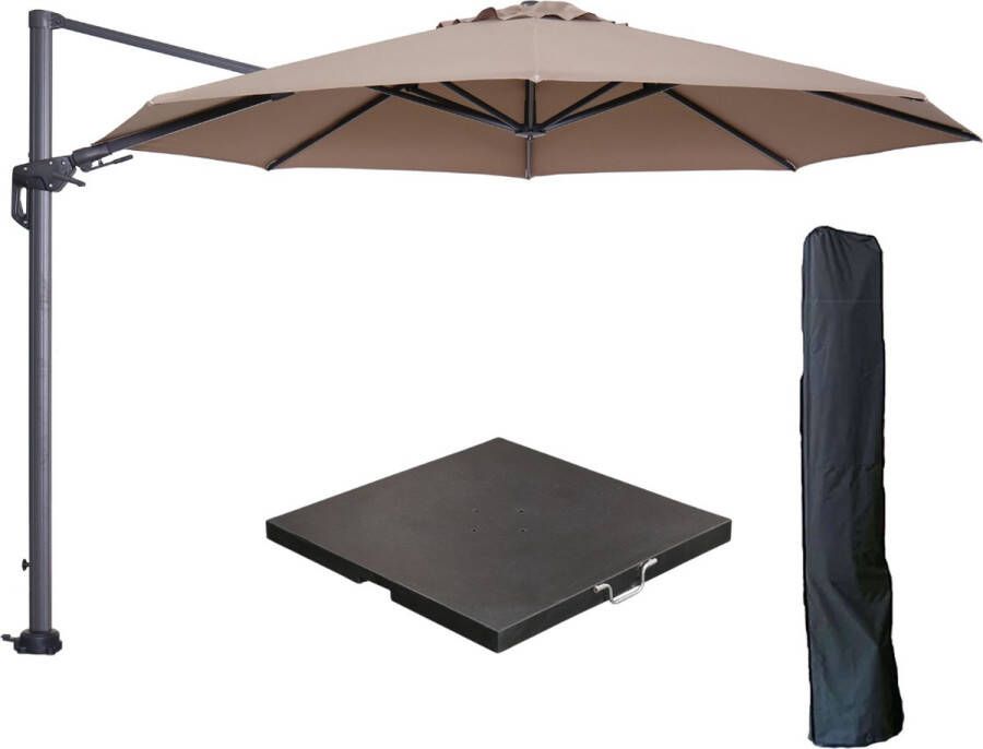 Garden Impressions Hawaii zweefparasol Ø350 cm carbon black taupe met 90kg black polished parasolvoet en parasolhoes