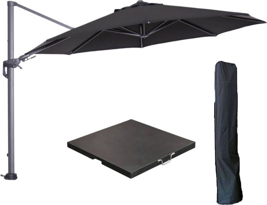 Garden Impressions Hawaii zweefparasol Ø350 cm carbon black zwart met 90kg black polished parasolvoet en parasolhoes