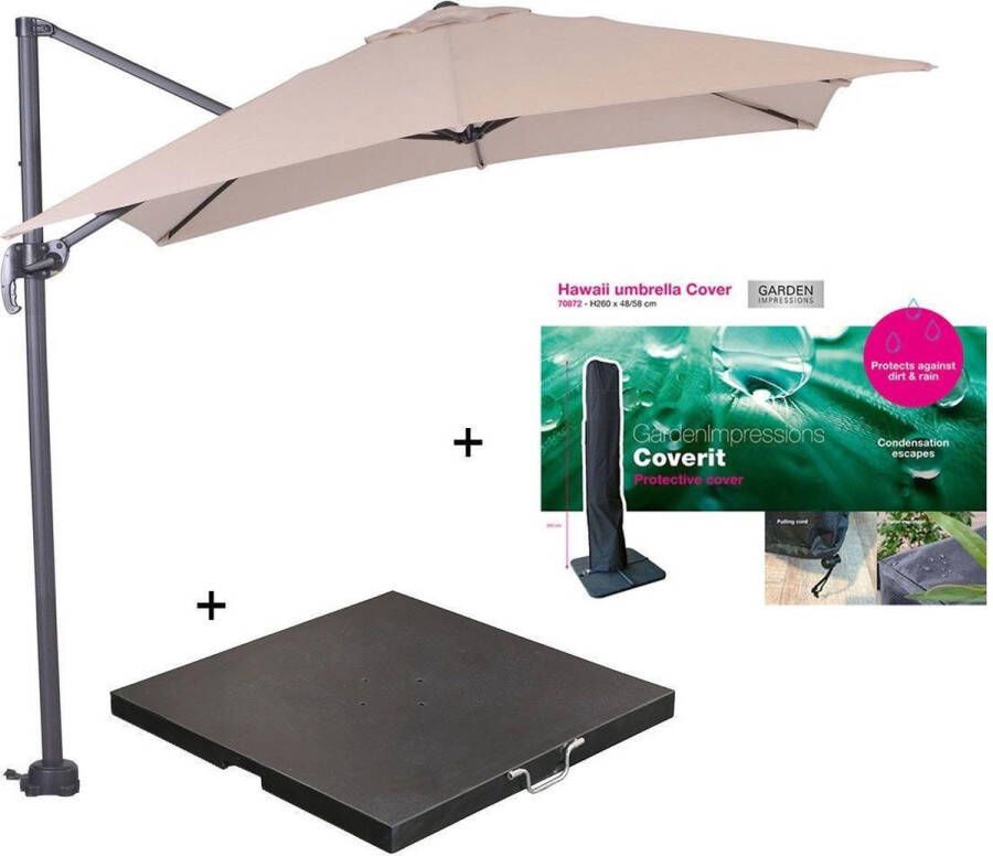 Garden Impressions Hawaii zweefparasol S 250x250 donker grijs ecru met 60 kg parasolvoet en parasolhoes