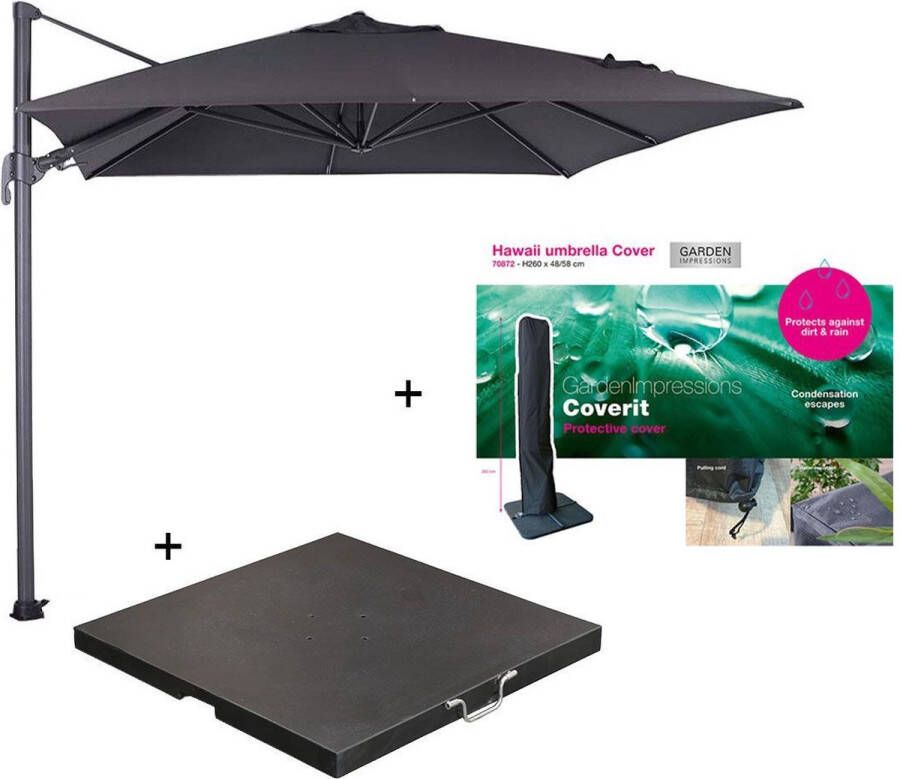 Garden Impressions Hawaii zweefparasol S 250x250 donker grijs zwart met 80 kg parasolvoet en parasolhoes