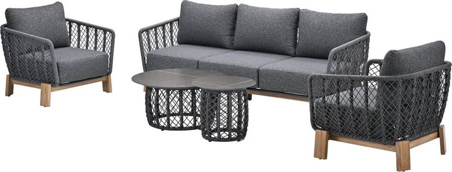 Garden Impressions Kingstown loungeset 5-delig light teak look rope dark grey merino black