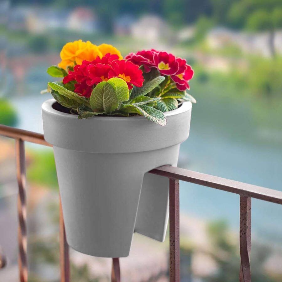 Garden Of Eden Ronde Kunststof Balkon Plantenbak Bloembak Bloempot voor Reling Licht Grijs Ø28 x 25 5 cm Tuin Balkon Decoraties