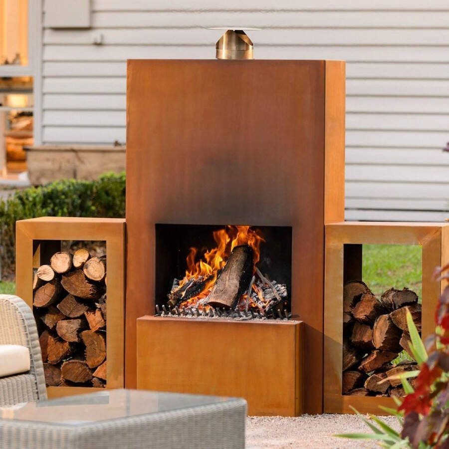 Gardenmaxx Designtuinhaard Pinacate Corten Woodbox Edition BBQ-Grill Buitenhaard Loungehaard
