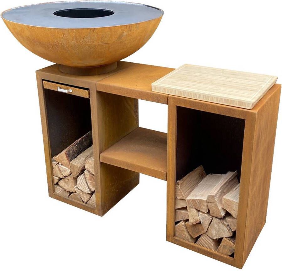 Gardenmaxx Grill-Eye 80 Deluxe Cortenstaal Plancha BBQ Vuurschaal Grillen Bakken Grill-Ring Barbeque Buitenkeuken Grillplaat BBQ- Kookeiland 80x80x115 cm