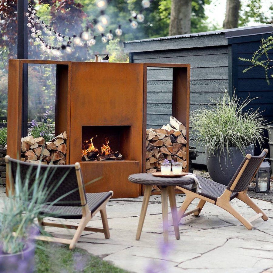 Gardenmaxx Tuinhaard Pinacate Corten Woodstore Edition BBQ-Grill Buitenhaard Houtopslag