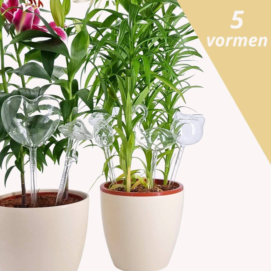 Gardies Glazen Waterdruppelaars Set van 5 Unieke Transparante Vormen Automatisch Irrigatiesysteem voor Kamerplanten Elegante Plantendruppelaars