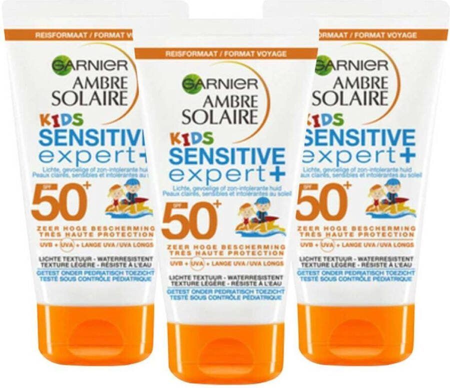 Garnier 3x Ambre Solaire Sensitive Expert+ Kids Zonnebrandmelk SPF 50+ Reisformaat 50 ml