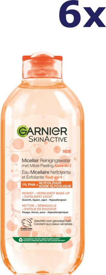 Garnier SkinActive Milde Peeling Alles-in-1 micellair reinigingswater 6 x 400 ml voordeelverpakking