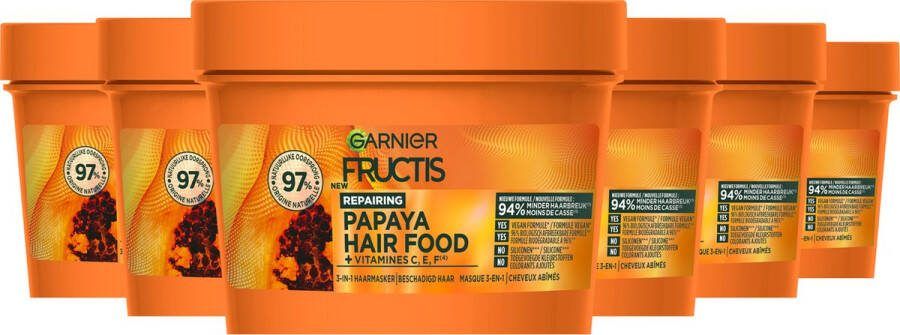 Garnier Fructis Hair Food Papaya 3-in-1 Herstellend Haarmasker Voordeelverpakking Beschadigd Haar 6 x 350ml