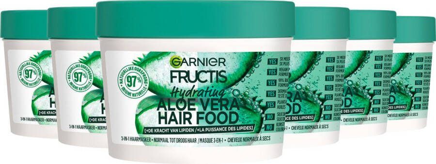 Garnier Garnie Fructis Hair Food Aloë Vera 3-in-1 Hydraterend Haarmasker Voordeelverpakking Normaal Tot Droog Haar 6 x 400ml