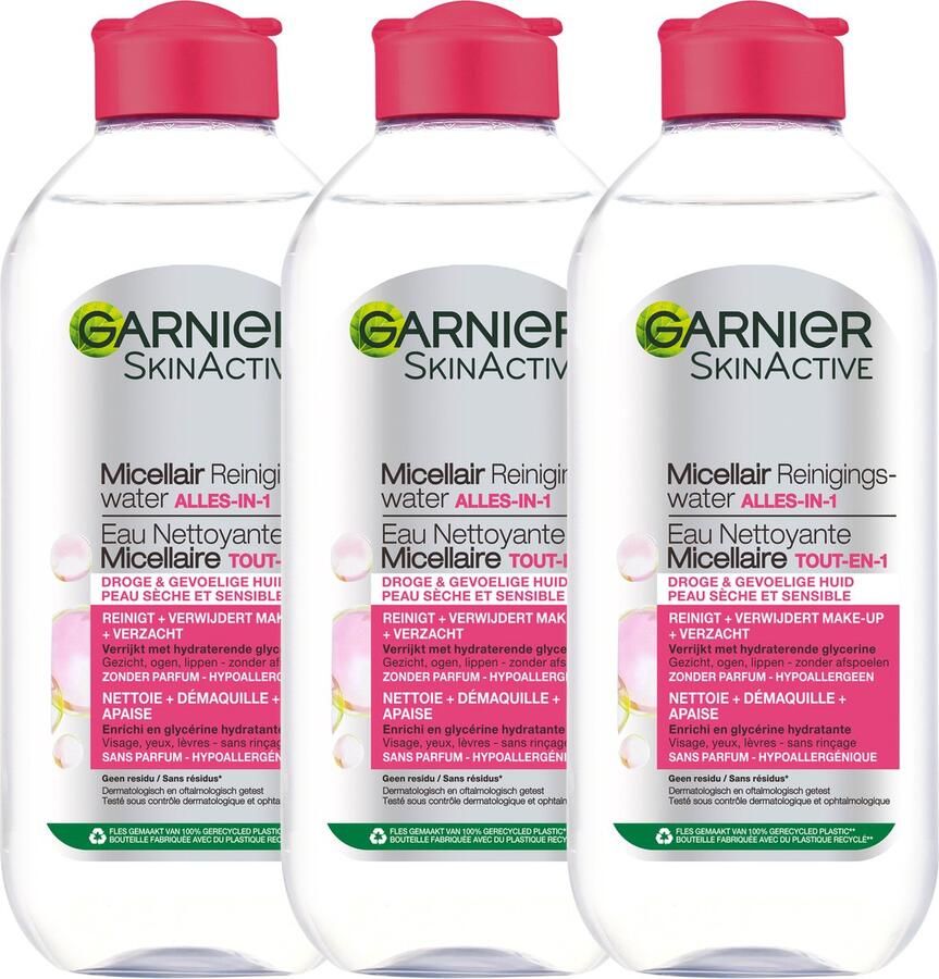 Garnier SkinActive Micellair Reinigingswater voor de Droge Huid 3 x 400 ml – Micellair Water Voordeelverpakking