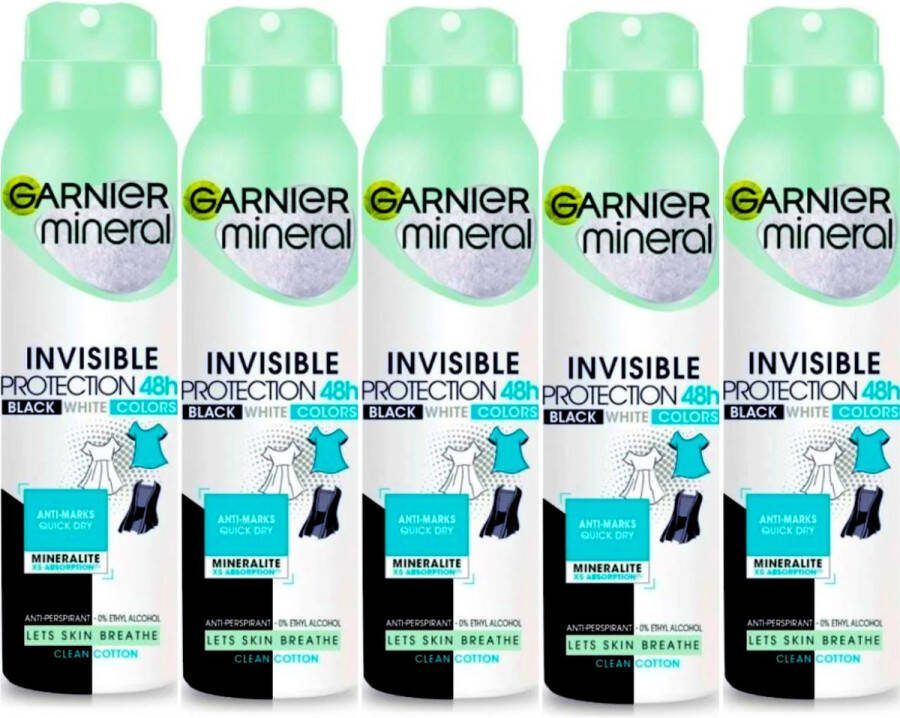 Garnier Invisible Protection Clean Cotton 48h Deodorant Spray 5 x 150ml Black White Colors