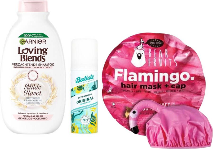 Garnier Loving Blends Cadeauset Flamingo Haarverzorging Lovings Blends Shampoo Milde Haver BearFruits Hair Mask Flamingo