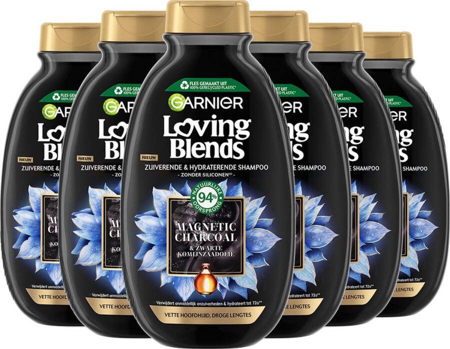 Garnier Loving Blends Magnetic Charcoal Zuiverende & Hydraterende Shampoo Voordeelverpakking Vette hoofdhuid Droge lengtes 6 x 300ml