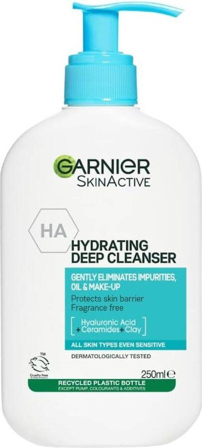 Garnier Nettoyant doux et hydratant pour le visage avec acide hyaluronique hydratant céramides protectrices argile purifiante sans parfum convient aux peaux sensibles pur actif 250 ml