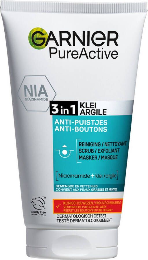 Garnier SkinActive PureActive 3-in-1 Masker met Klei Argile voor de Gemengde Huid Tegen mee-eters en onzuiverheden 150ml