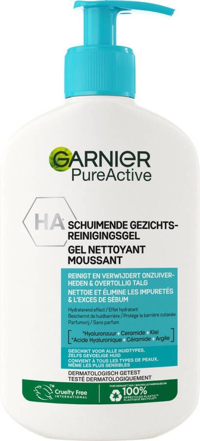 Garnier PureActive Hydraterende Gezichtsreiniger met Hyaluronzuur Ceramide & Klei voor het verwijderen van Imperfecties Olie & Make-up 250ml