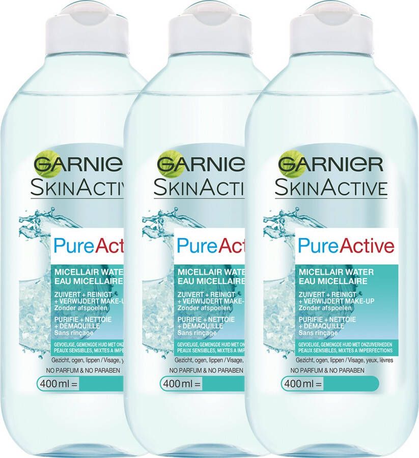 Garnier SkinActive Pure Active Micellair Reinigingswater voor de Vette Huid 3 x 400 ml Micellair Water bij onzuiverheden Voordeelverpakking