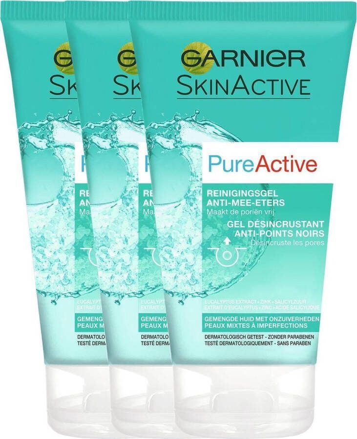 Garnier PureActive Reinigingsgel Anti-Eters voor een Gemengde Huid Tegen mee-eters & verstopte poriën 3 x 150 ml Voordeelverpakking