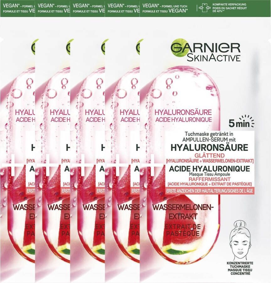 Garnier SkinActive Ampul Sheet Mask Met Watermeloen & Hyaluronzuur Gezichtsmasker 5 Stuks