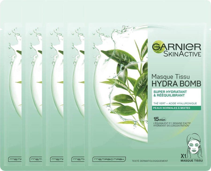 Garnier SkinActive Hydra Bomb Sheet Mask Groene Thee 5 Stuks Gezichtsmasker voor Normale & Gemengde Huid