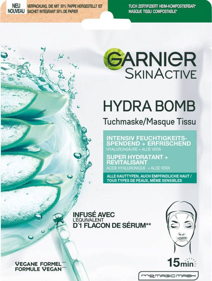 Garnier SkinActive Hydrabomb Super Hydraterend + Verfrissend Tissuemasker met Hyaluronzuur en Aloe Vera 1 stuk