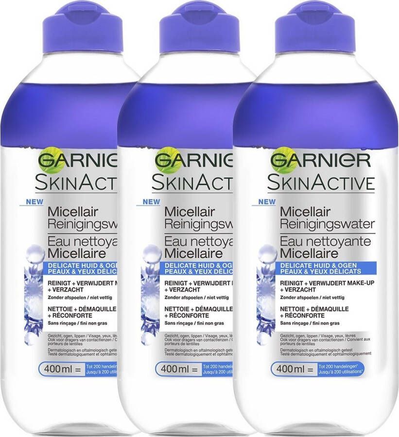 Garnier SkinActive Micellair Reinigingswater Delicate Huid en Ogen Verzachtend en Reinigend Micellair Water 3 x 400ml Voordeelverpakking