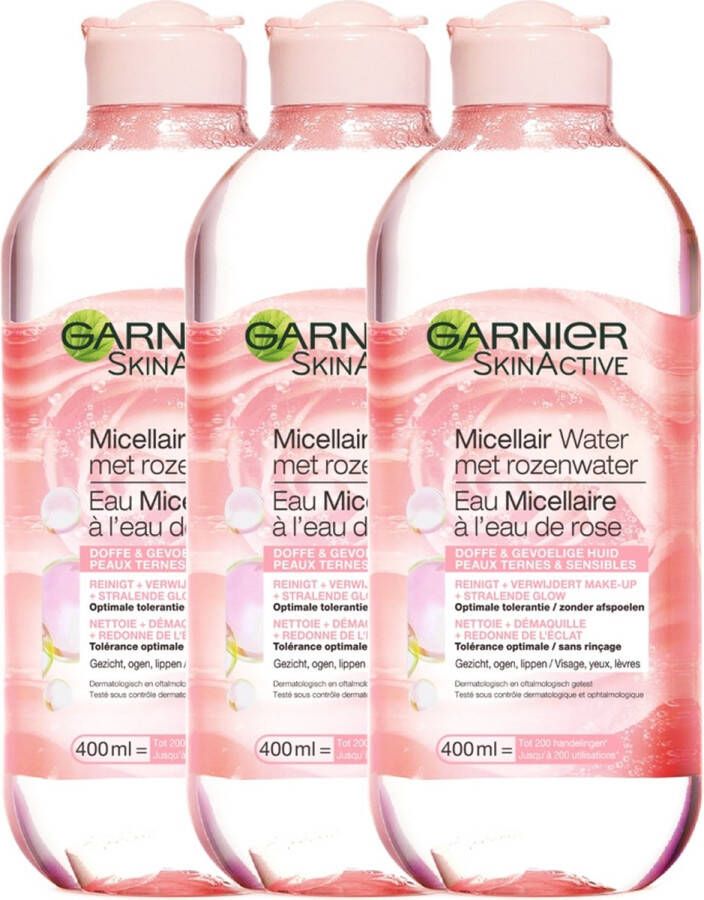 Garnier Skinactive Micellair Reinigingswater Met Rozenwater 3 x 400 ml Micellair Water voor een Stralende Huid Voordeelverpakking